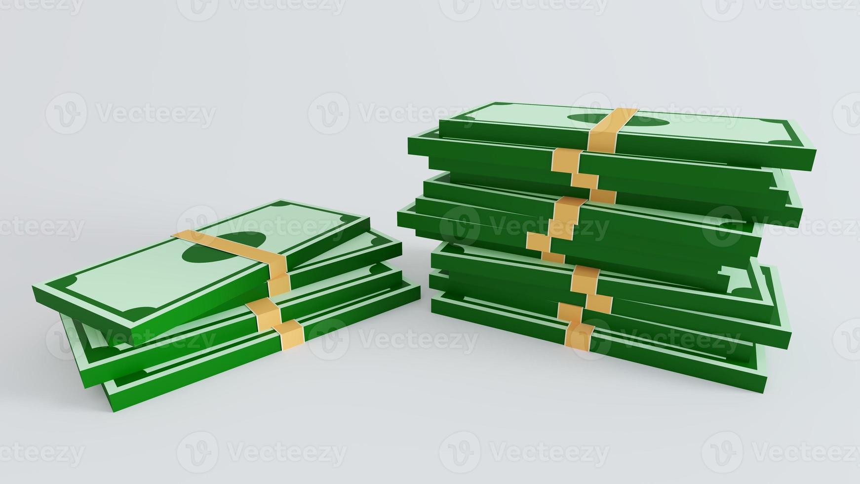 pila de dinero de nota trasera con moneda de oro en estilo 3d realista. elemento de diseño de negocios y finanzas, dólares de papel verde por renderizado 3d. foto