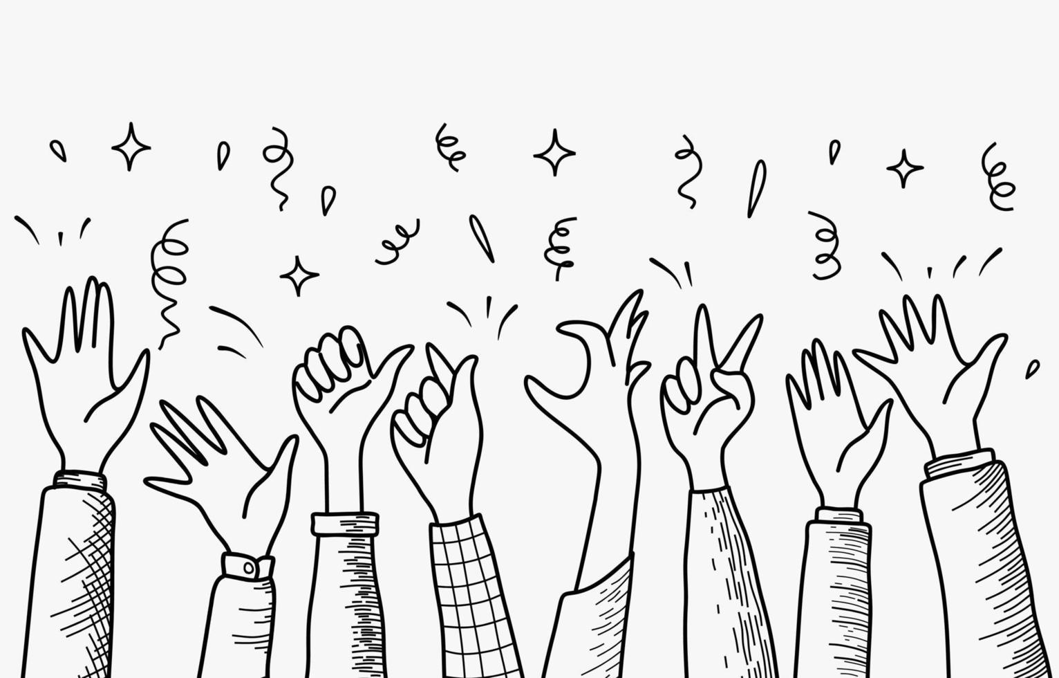 hand drawn of hands cheering and clapping ovation. applause, thumbs up gesture on doodle style. vector