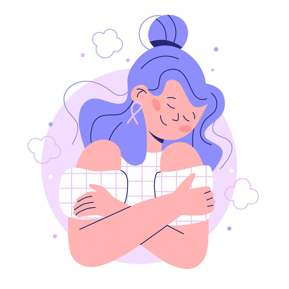 personaje de mujer con cáncer de mama. mujer con cinta rosa se cuida a sí misma. ilustración moderna de vector plano.