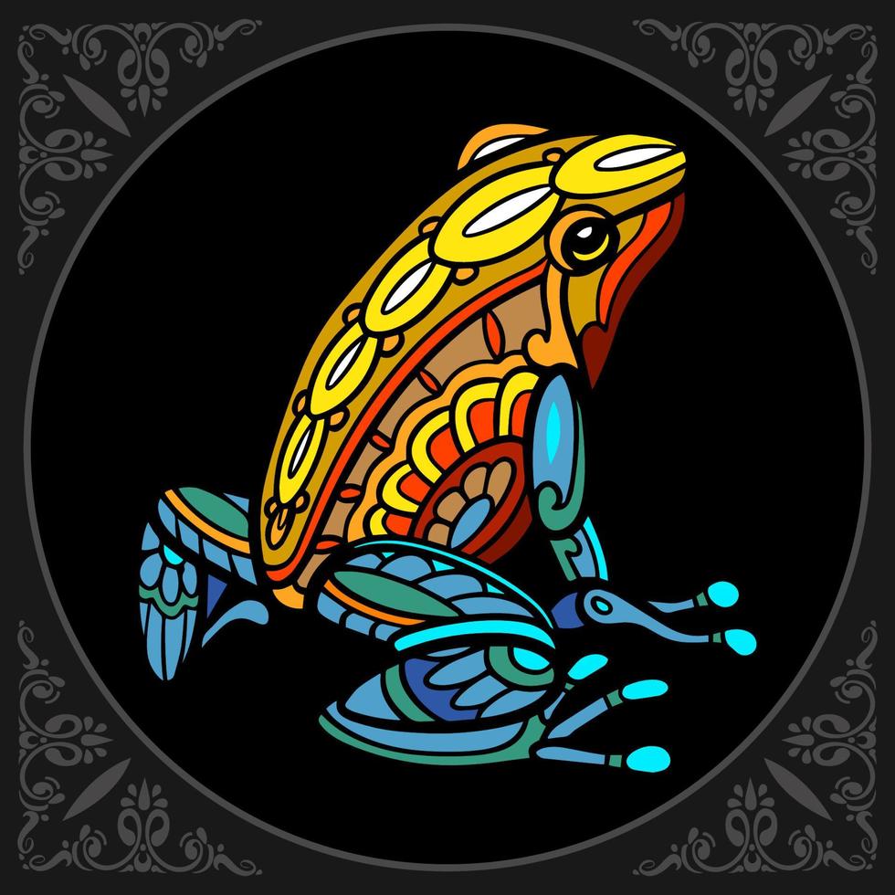 Artes de mandala de rana colorida aislado sobre fondo negro vector