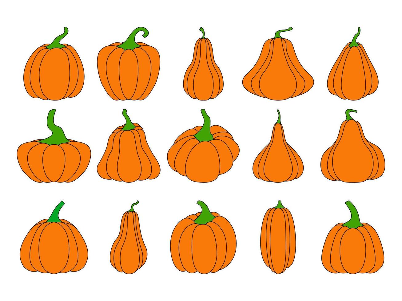 un conjunto de calabazas de varias formas, con un contorno negro. colección vectorial de calabazas dibujadas a mano sobre un fondo blanco. elementos para el diseño decorativo de otoño, una invitación a halloween.pumpkin vector