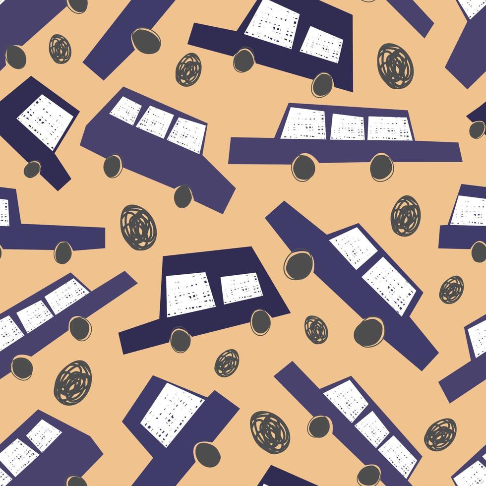 Vector seamless pattern with colorful toy cars on yellow background. Modern design for kids fabric, textile, wallpaper, surface, case, clouthers, design objects, wrapping paper, nursery wallpaper.