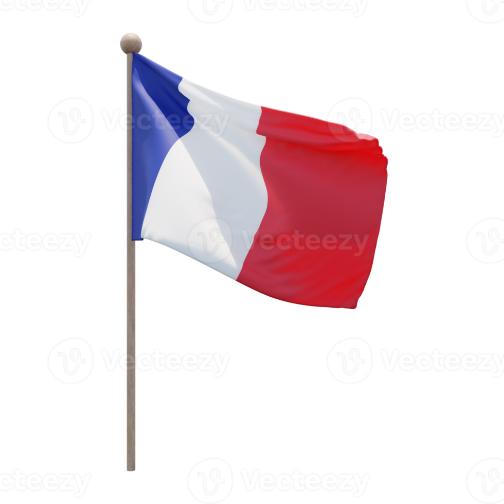 Frankreich 3D-Darstellung Flagge auf der Stange. Fahnenmast aus Holz png