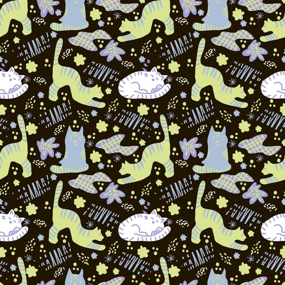 Vector seamless doodles pattern with abstract shapes and cats.