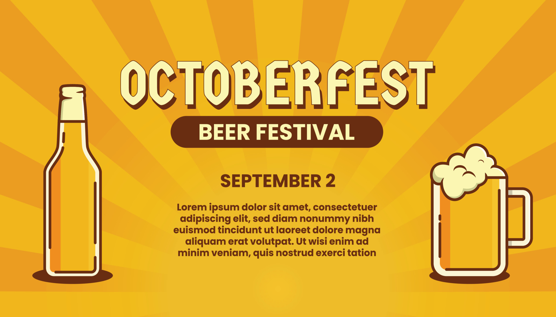 Oktoberfest banner or poster with beer mug and bottle. German festival