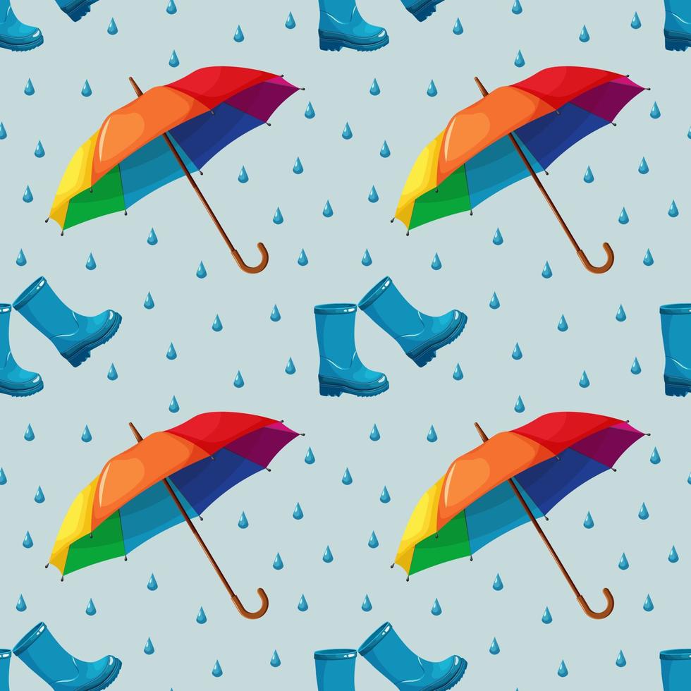 Seamless pattern with rainbow umbrella, rubber boots and raindrops on blue background vector