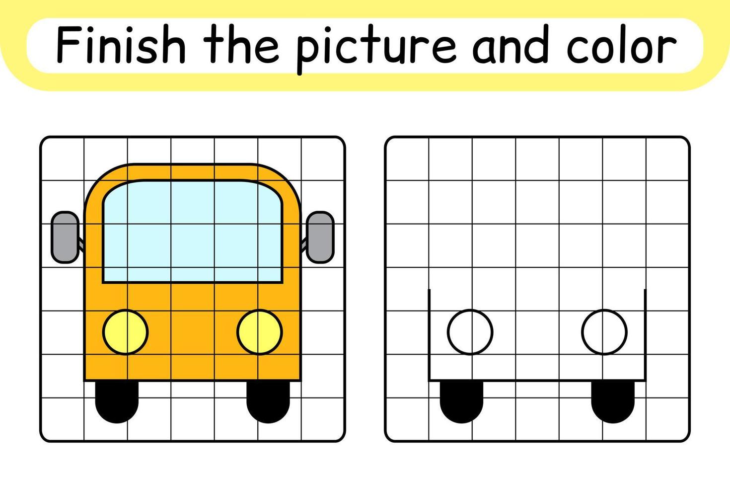 Complete the picture bus. Copy the picture and color. Finish the image. Coloring book. Educational drawing exercise game for children vector