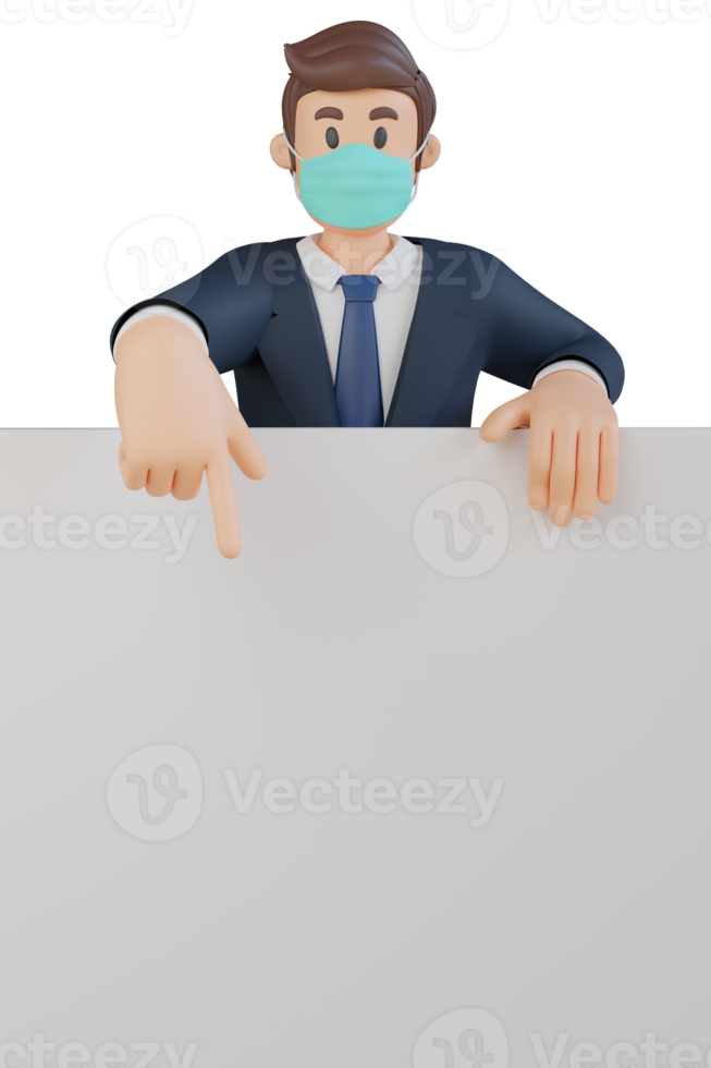 uomo d'affari mostrando qualcosa su un' vuoto bianca foglio personaggio indossare maschera 3d personaggio illustrazione png