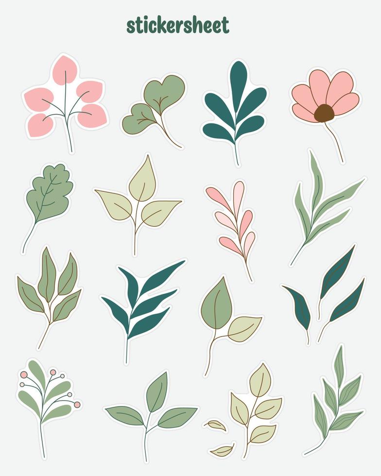 Set of flower and leaf stickers. Bullet journal stickers, planner