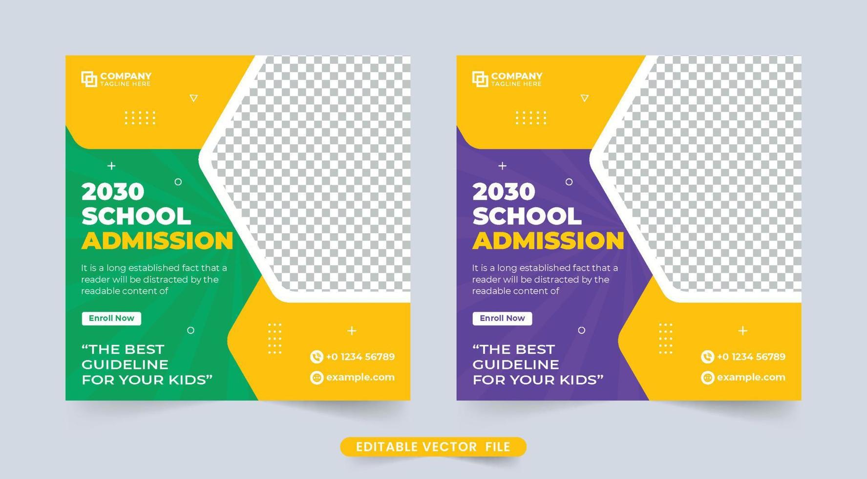 banner de medios sociales de admisión a la escuela creativa para promoción. plantilla de promoción de regreso a la escuela con colores verde y morado. curso académico y diseño de plantilla web de admisión con fines educativos. vector