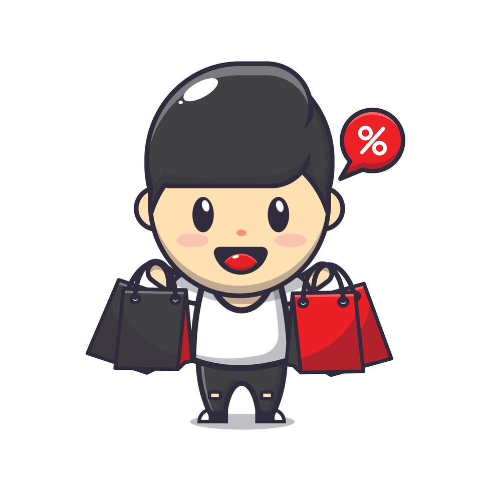 cute boy in black friday sale cartoon mascot illustration vector