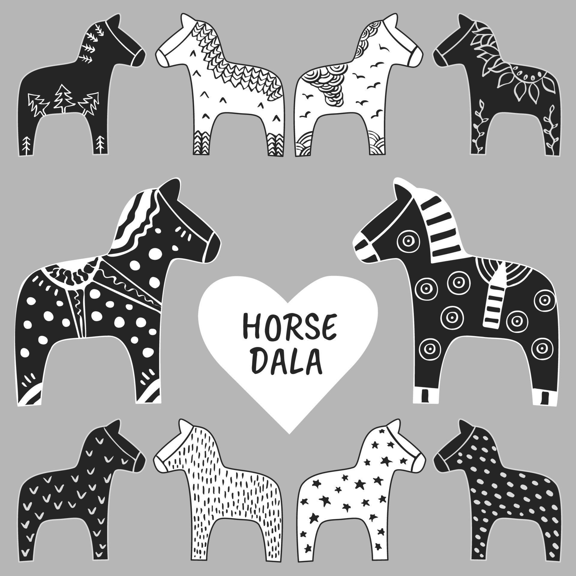Dala horses gray tones set. Ink hand drawn sketch of traditional