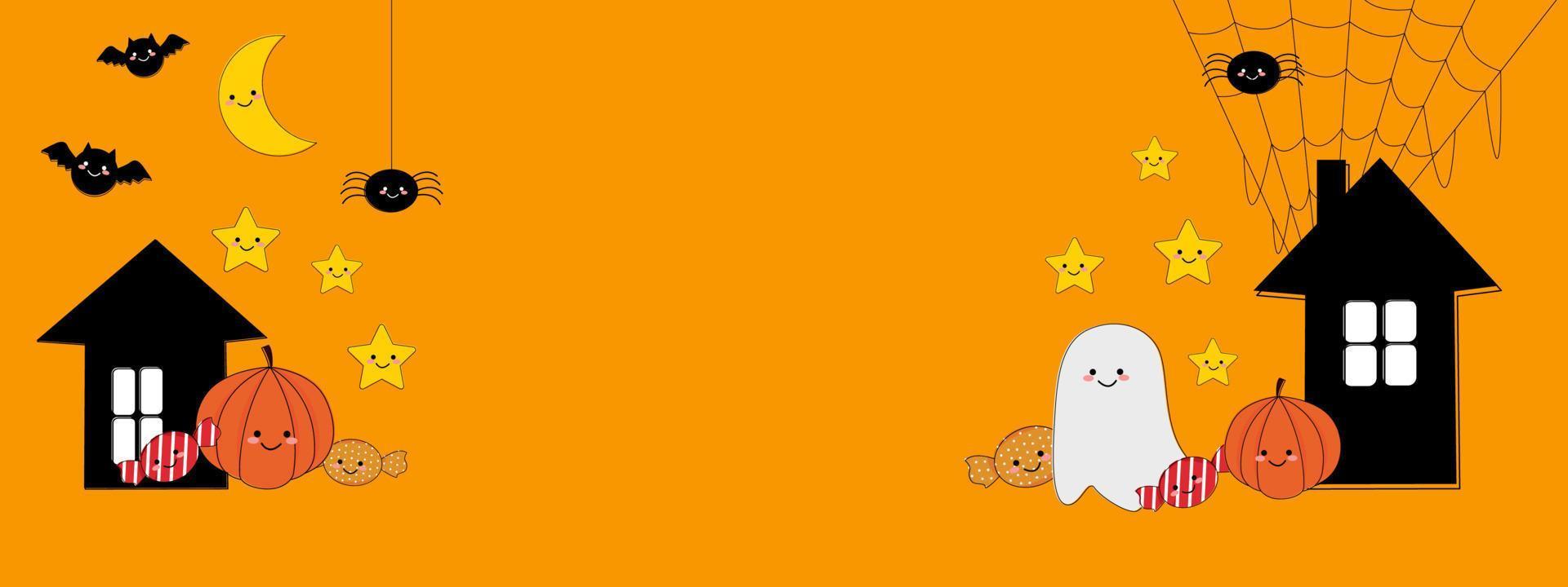 Happy Halloween banner or party invitation background. Halloween on orange background. Cute ghost pumpkin candy spider vector