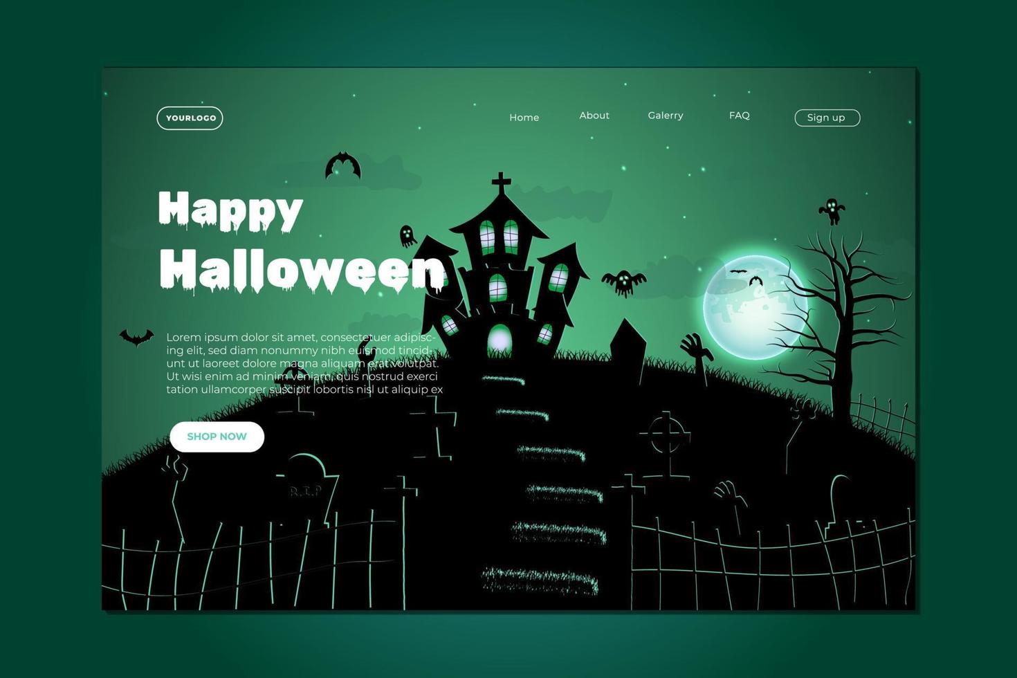 diseño de sitio web feliz halloween. plantilla plana de página de destino de halloween con siluetas de calabazas, murciélagos y casa embrujada vector