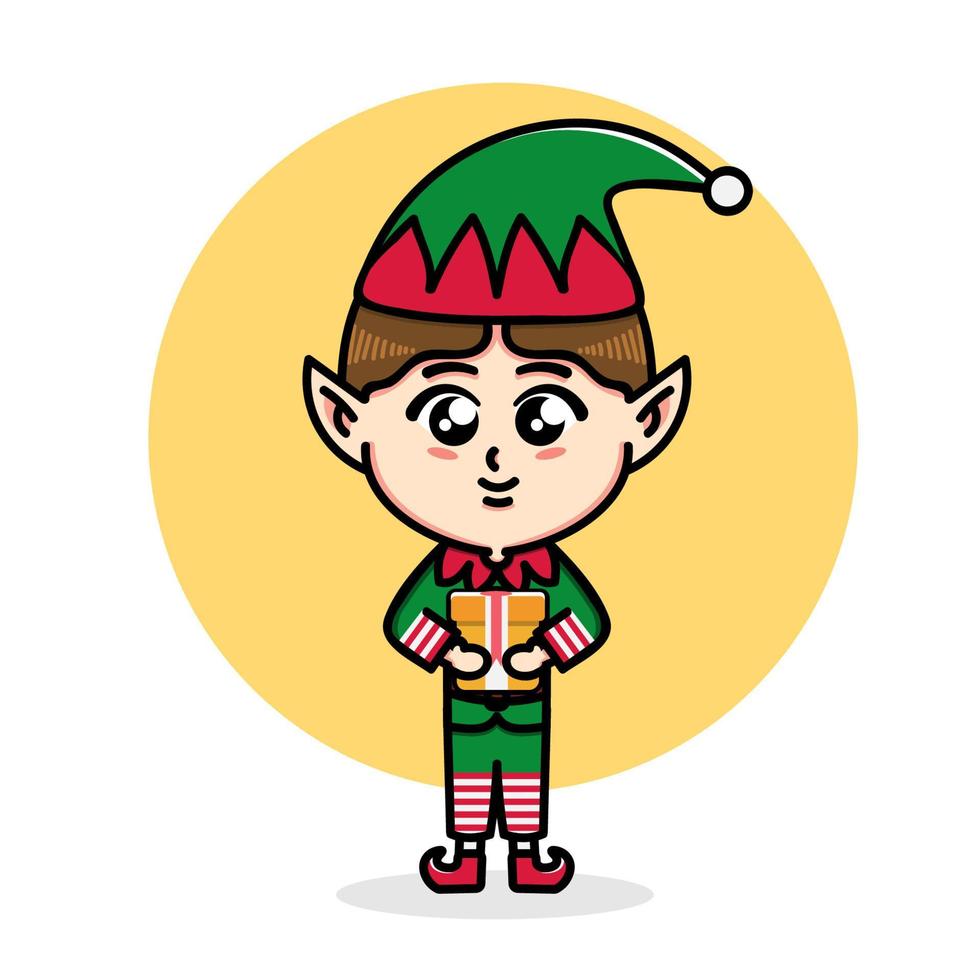 cute elf character design brings christmas gifts vector