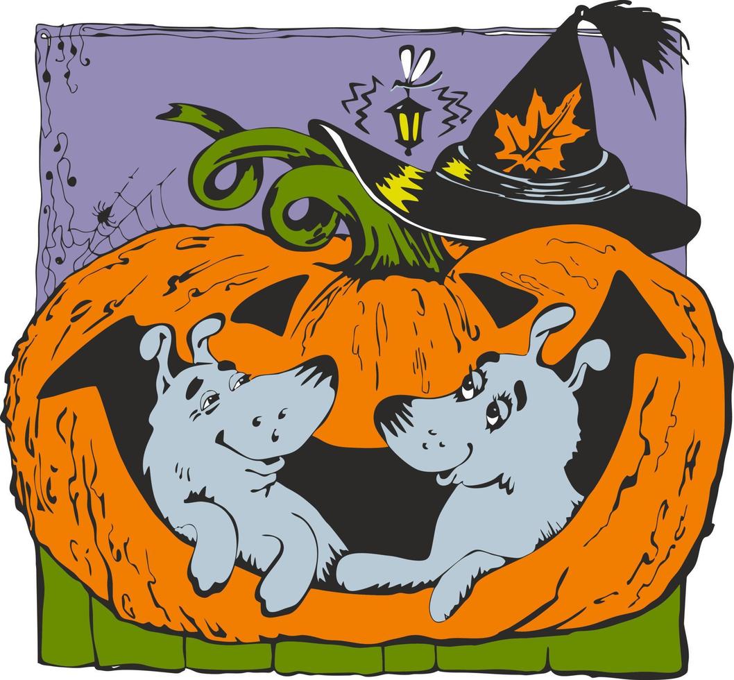 funny dogs climbed into a pumpkin. Happy Halloween vector