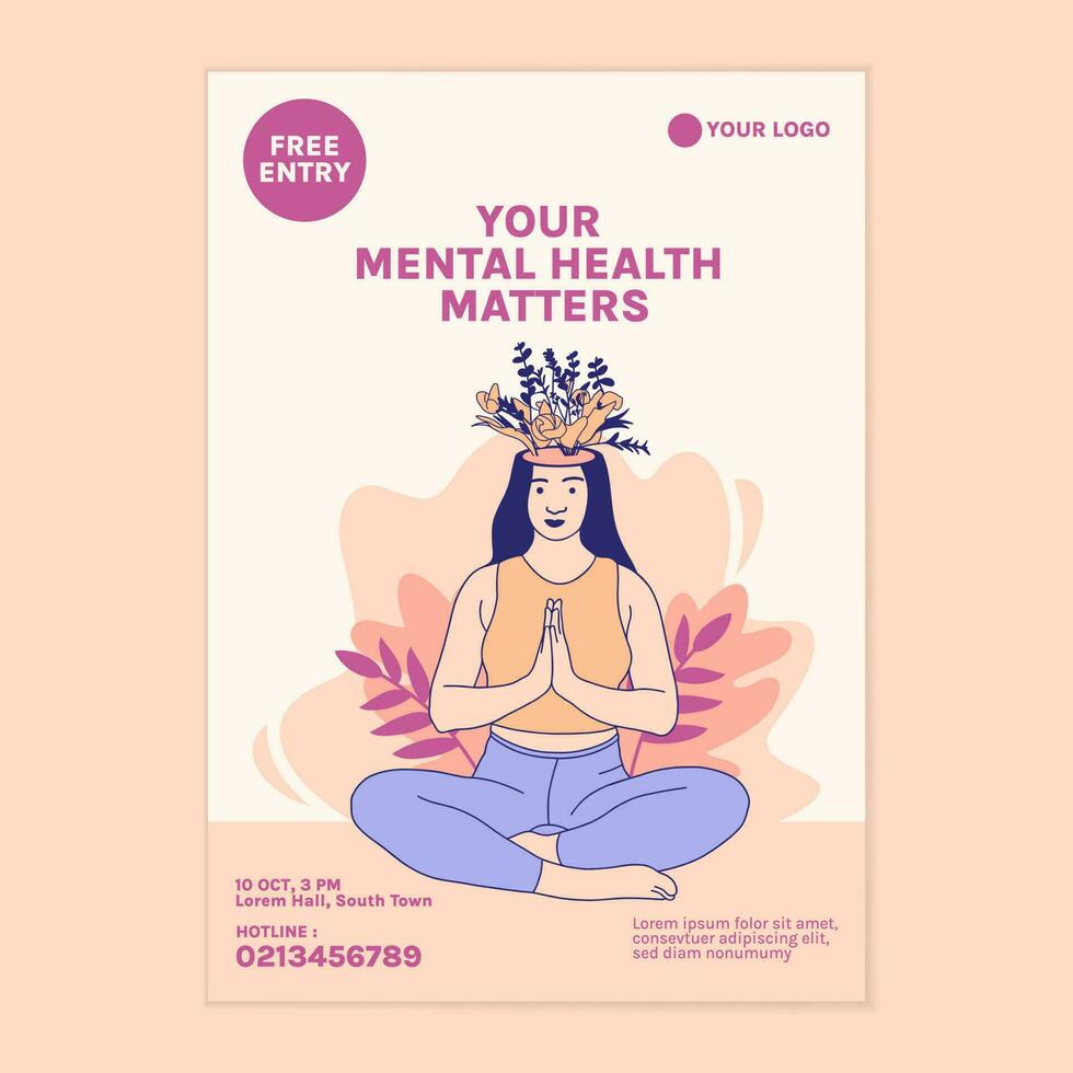 Illustrations beautiful flower inside female head for world mental health day poster template vector