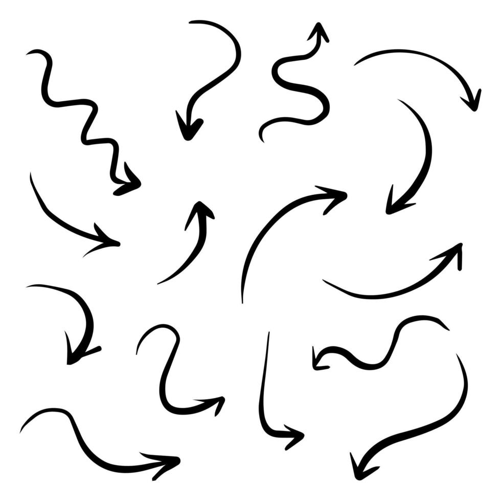 Conjunto de iconos de flechas dibujadas a mano. icono de flecha con varias direcciones. garabato ilustración vectorial. Aislado en un fondo blanco vector