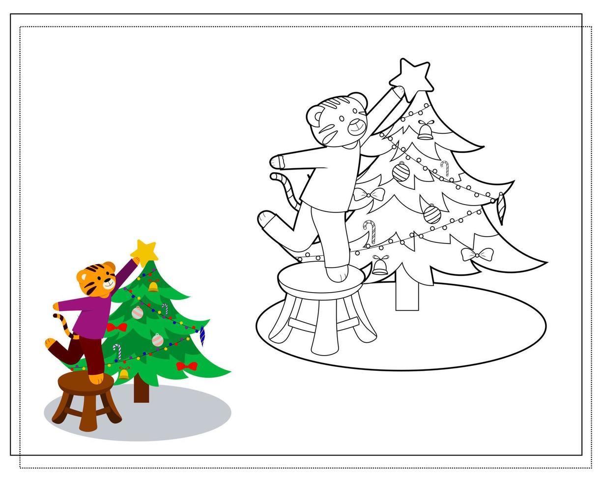 libro para colorear para niños, tigre de dibujos animados decora un árbol de navidad. vector aislado en un fondo blanco.