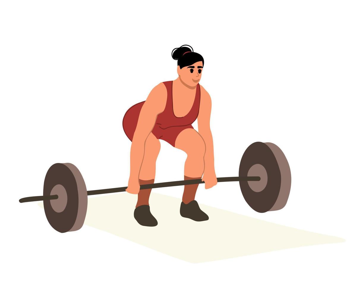 Powerlifting, sports lifestyle. Strong muscular woman in sportswear doing deadlift during workout. Young bodybuilder woman doing exercise with a heavy weight bar in gym. vector