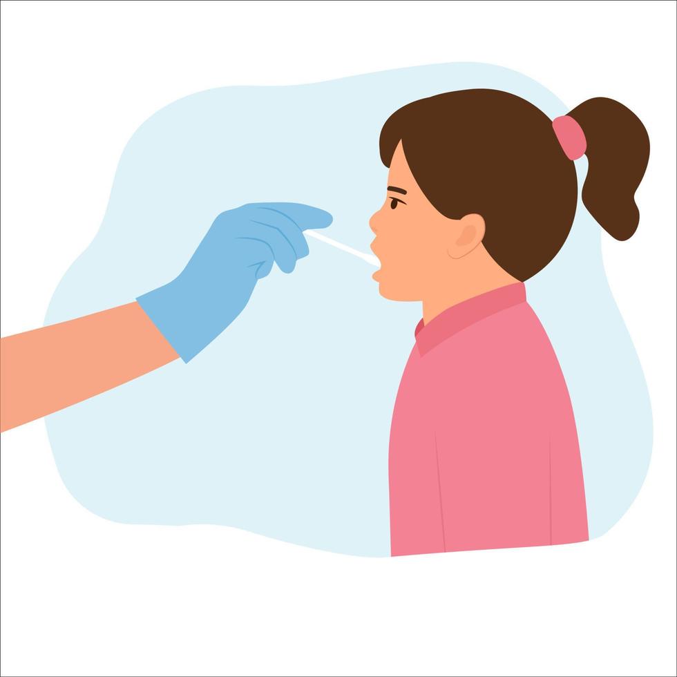 médico tomando muestra de saliva para la prueba de adn de una niña en la clínica. prueba de saliva bucal usando hisopo. ilustración vectorial vector