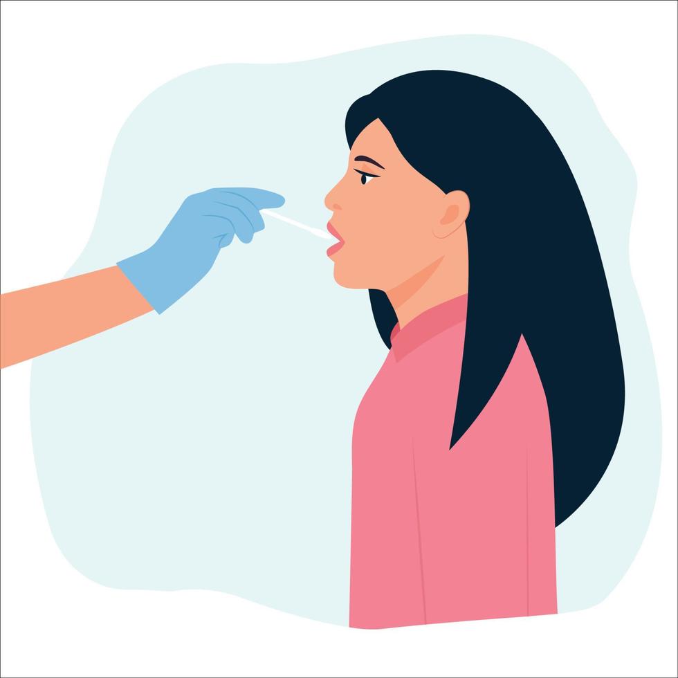 Doctor taking sample saliva for DNA test from womanin clinic.Mouth saliva test using swab.Vector illustration vector