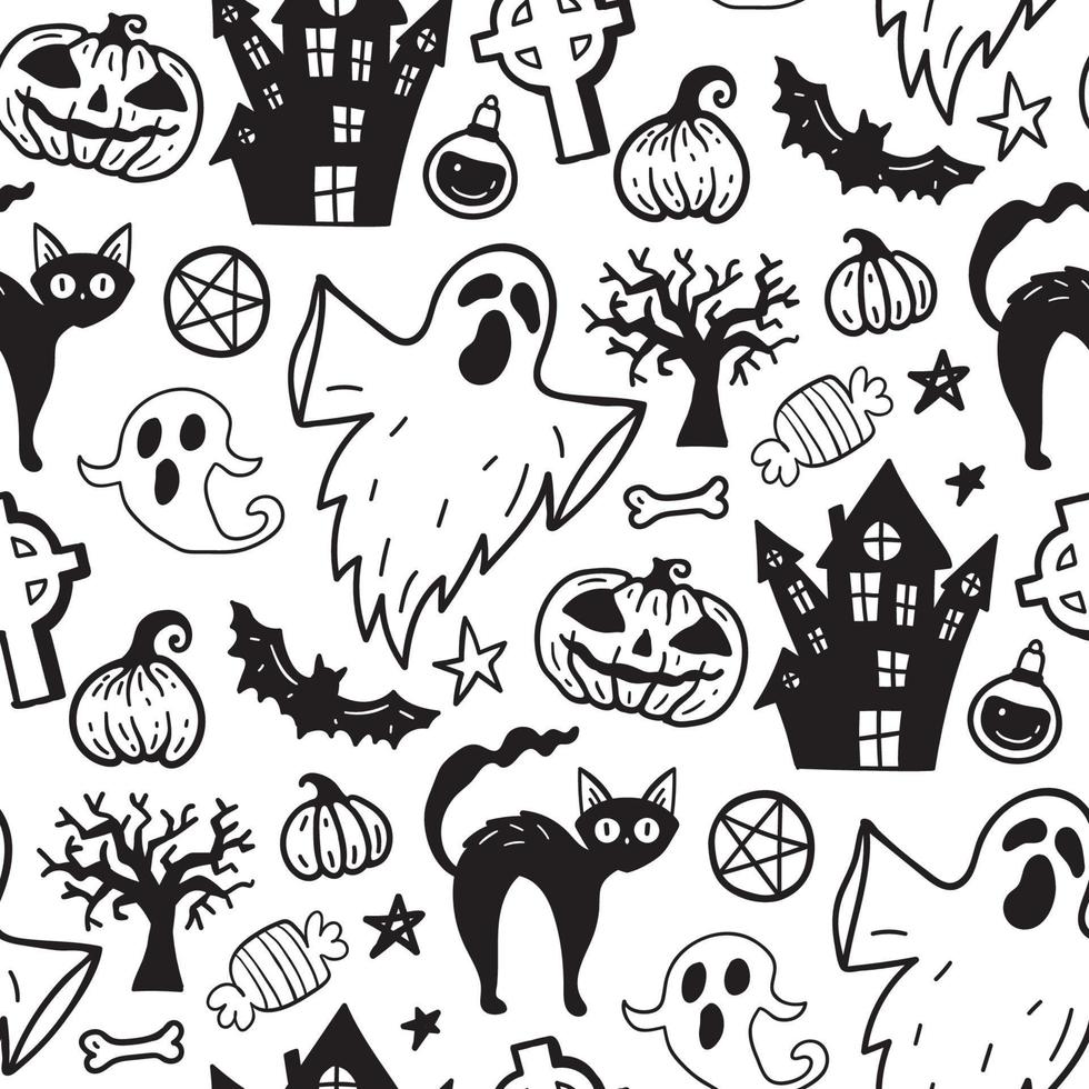 monocromo de patrones sin fisuras de elementos de garabato dibujados a mano de horror halloween. fondo de halloween de elementos mágicos. calabazas, fantasma, calavera, gato negro, olla, sombrero. vector