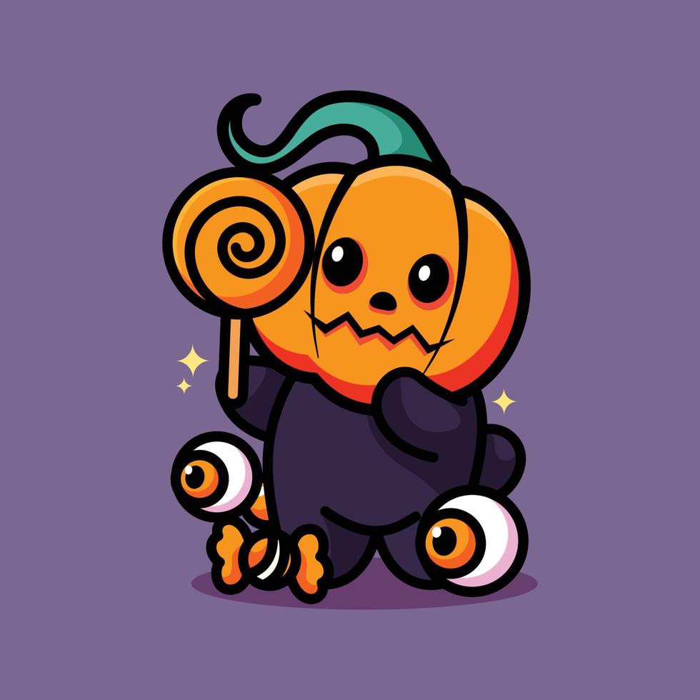 cute pumpkin head holding candy and celebrating halloween vector