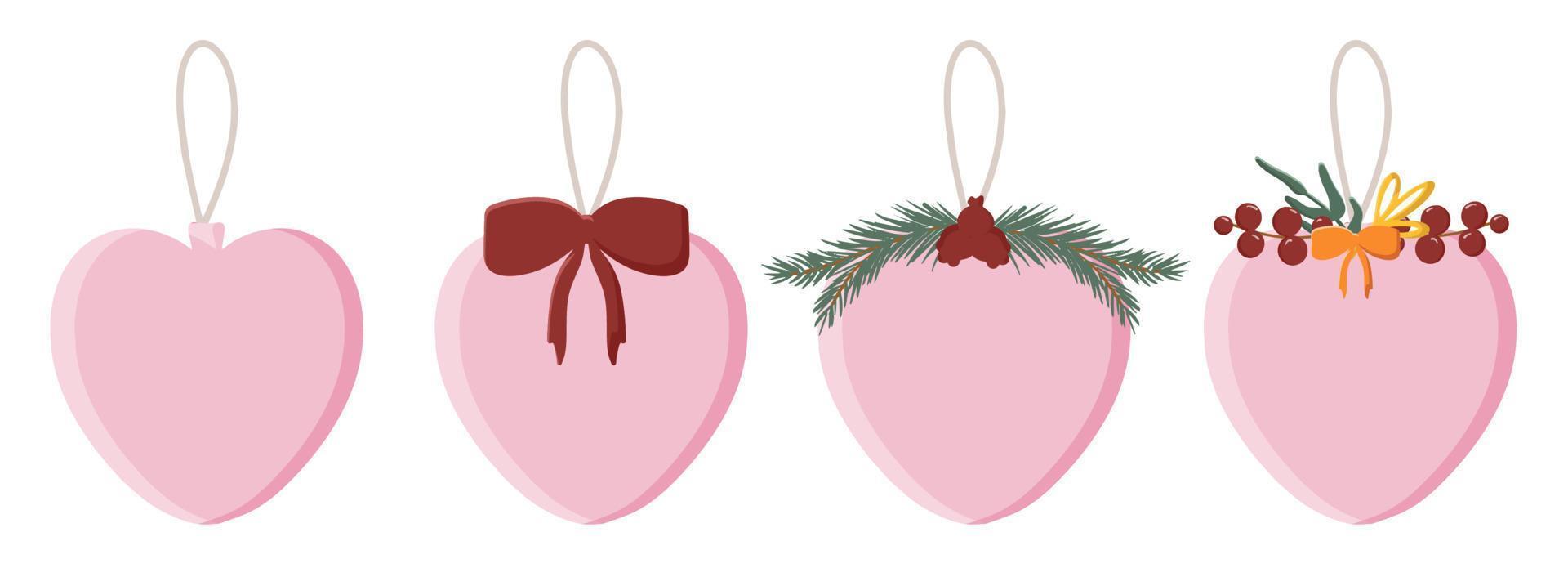 Set of vector Christmas balls with decorative elements, fir and botanical twigs, red berries and a bow. Collection is a Christmas toy with a beautiful decor in a flat cartoon style