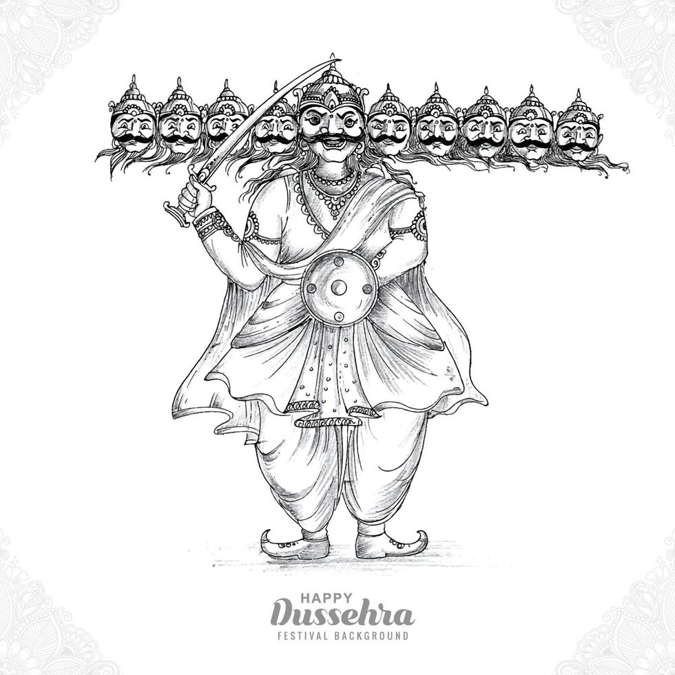 Happy dussehra celebration ravan with hand draw sketch design vector