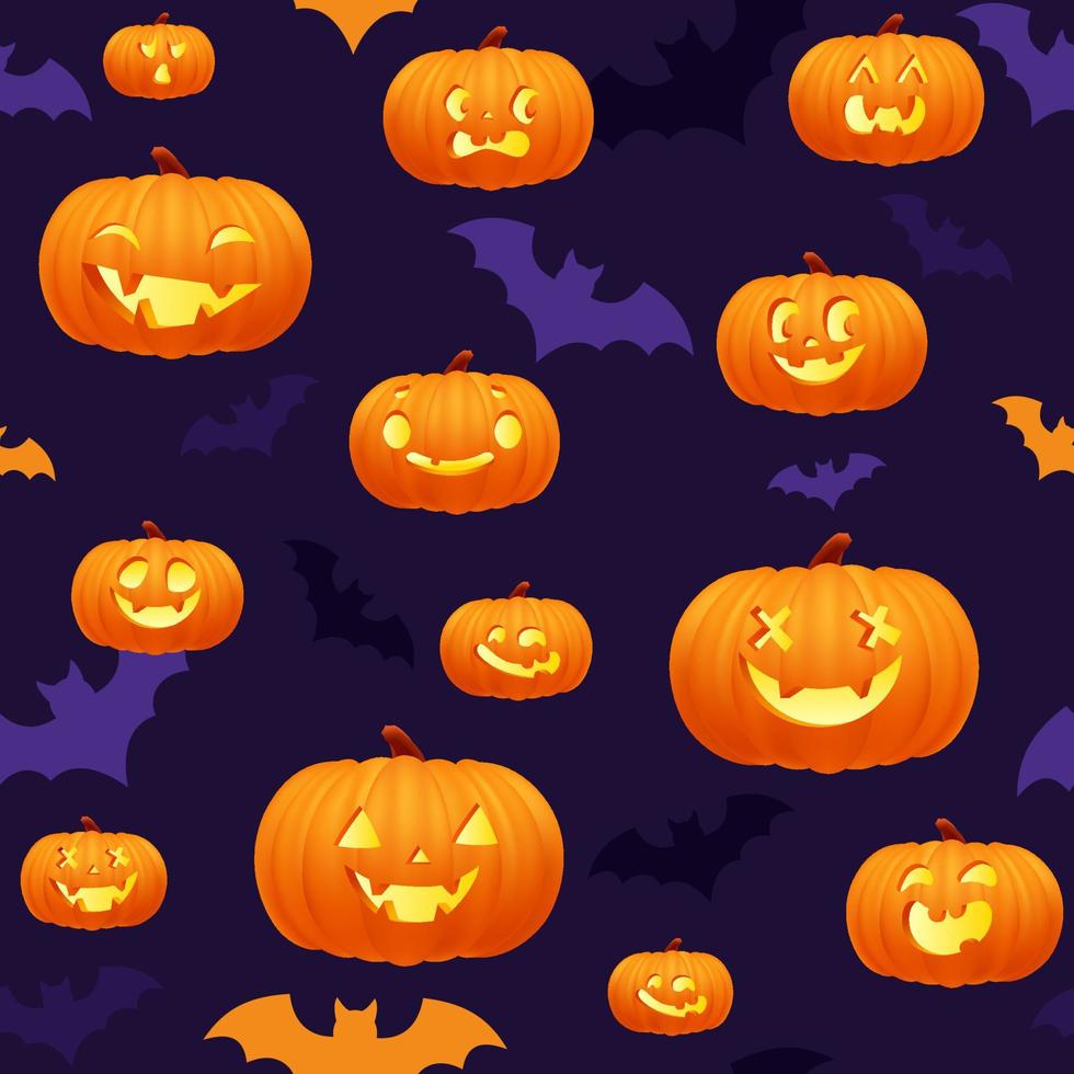 patrón transparente festivo naranja y morado de halloween. fondo sin fin con calabazas, jack o linterna cara sonriente divertida, murciélagos. textura de dibujos animados para imprimir. diseño de plantilla para álbumes de recortes. decoración vector