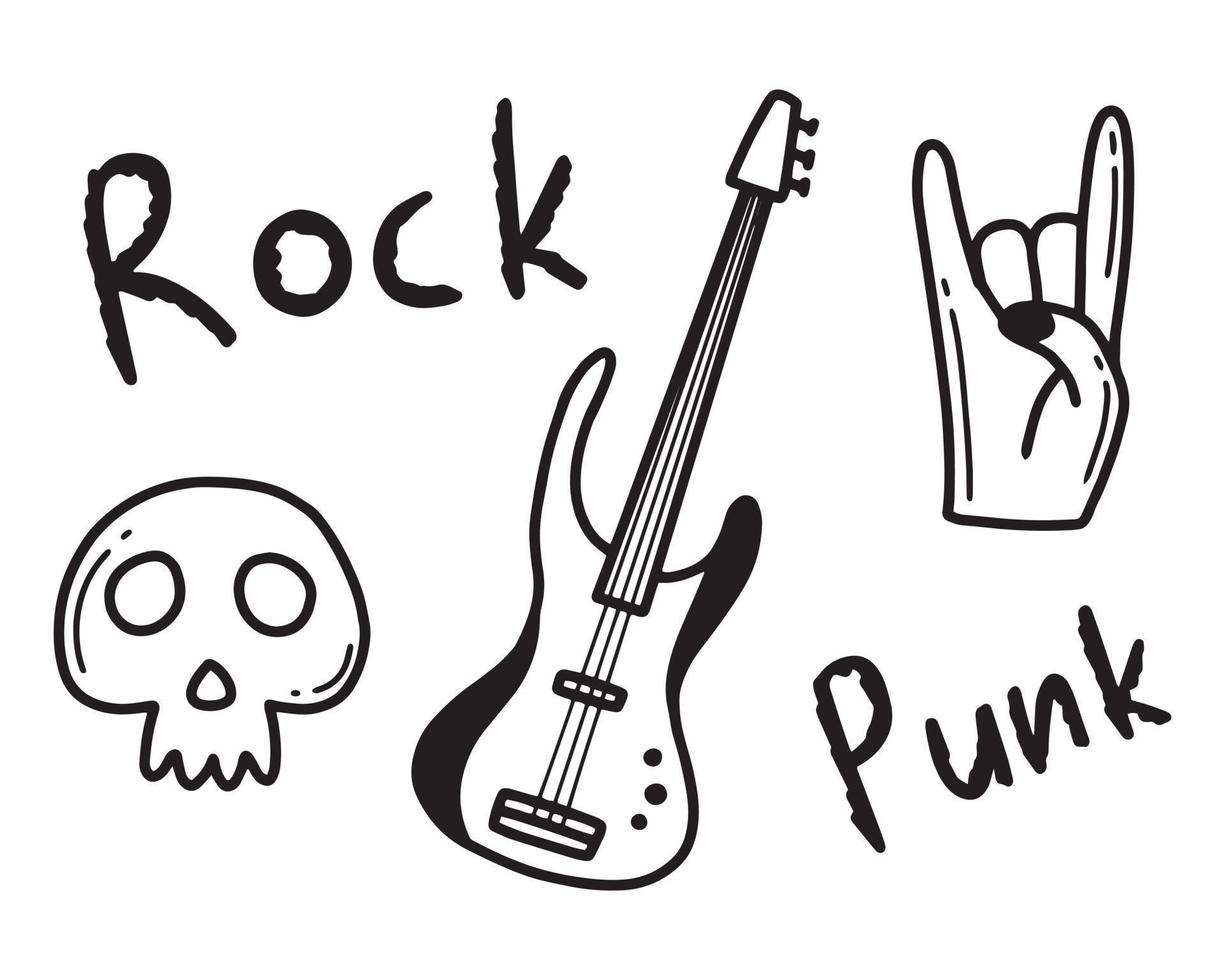 Rock n roll, punk music doodle set. Graffiti, tattoo hand drawn sticker, text, skull, heart, skate, gesture hand. Grunge rock vector illustration.