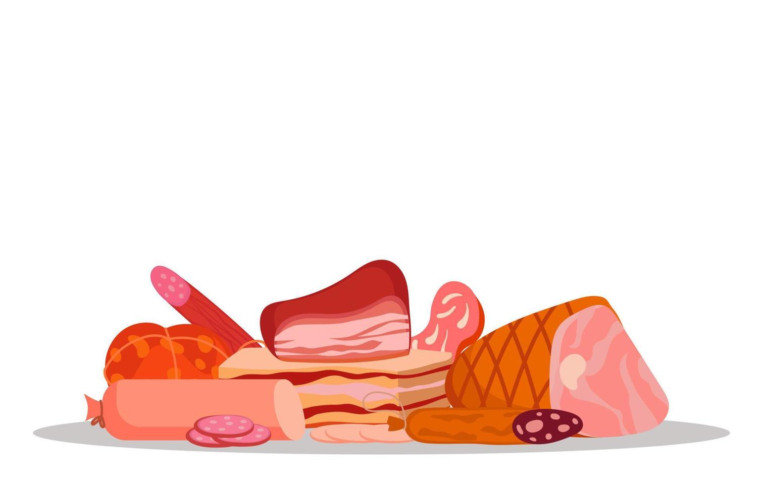 Banner of meat and deli meats. Farm beef and sausages with ham isolated on white background. Collection of delicious food and meat products for the market. Organic menu shop vector illustration.