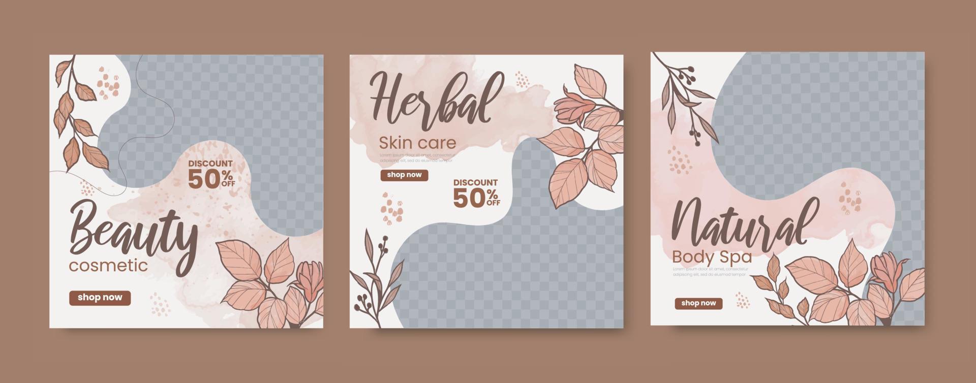 centro de belleza maquillaje publicación en redes sociales con acuarela floral vector