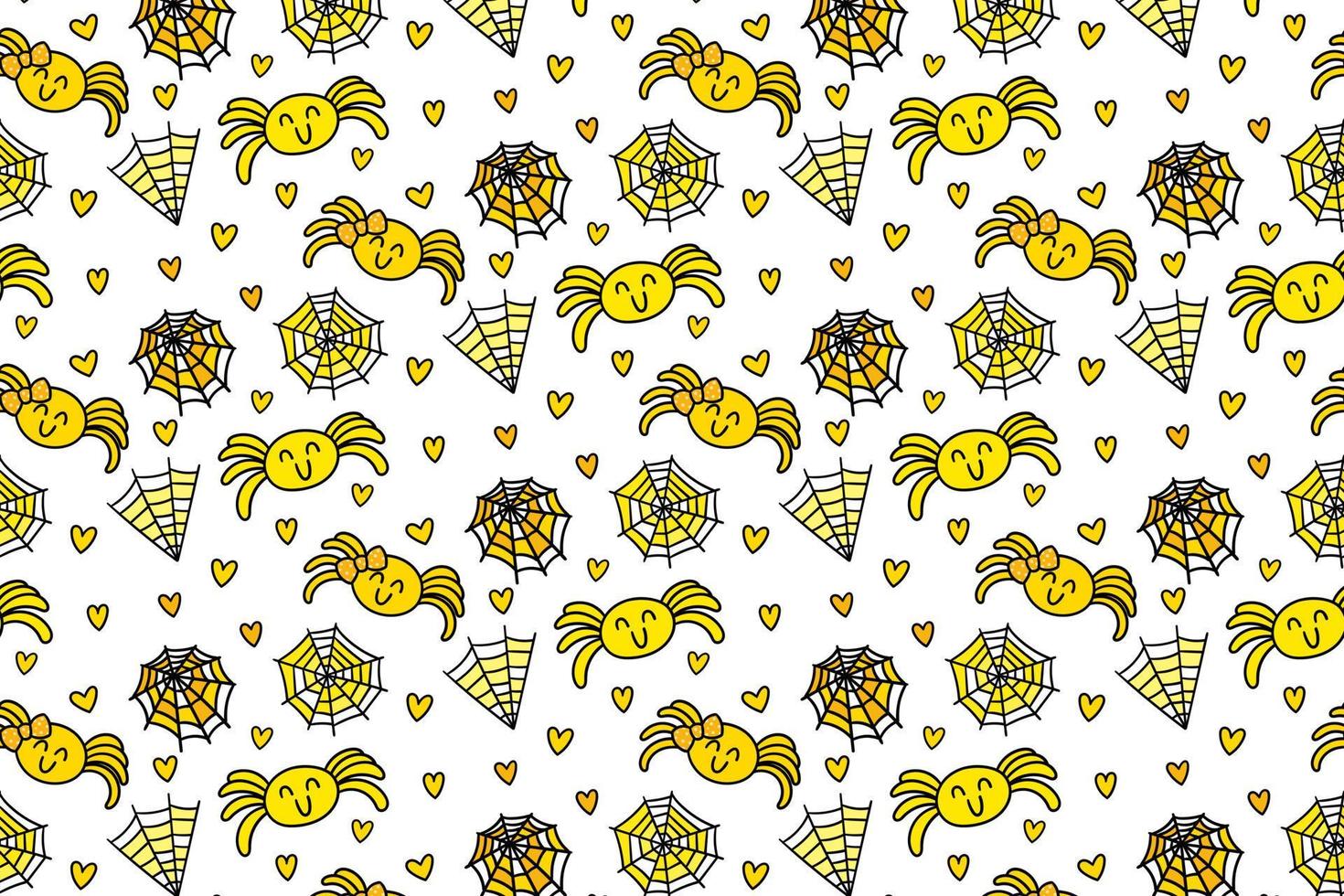 A couple spiders are in love, love is a trap like a spider's web full of tricks and deceit. seamless pattern, kawaii, cartoon, doodles, print, art. vector
