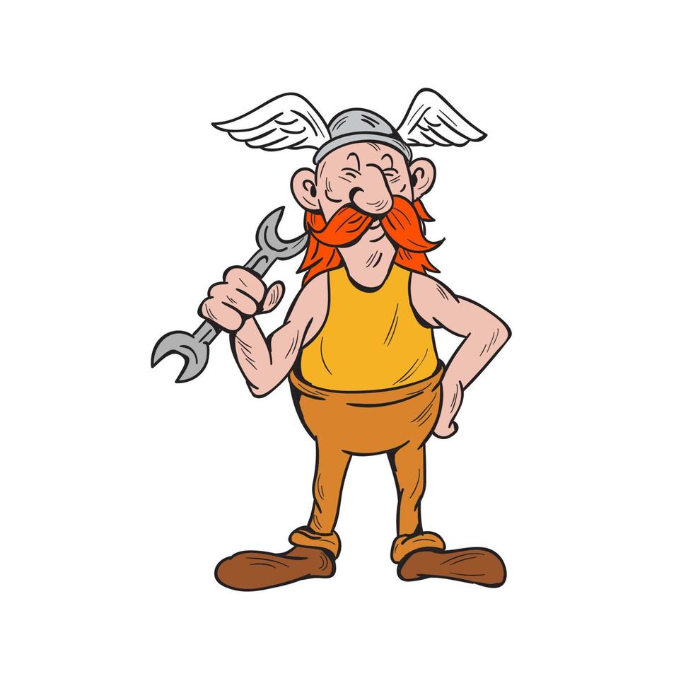 viking, reparador, posición, llave inglesa, caricatura vector