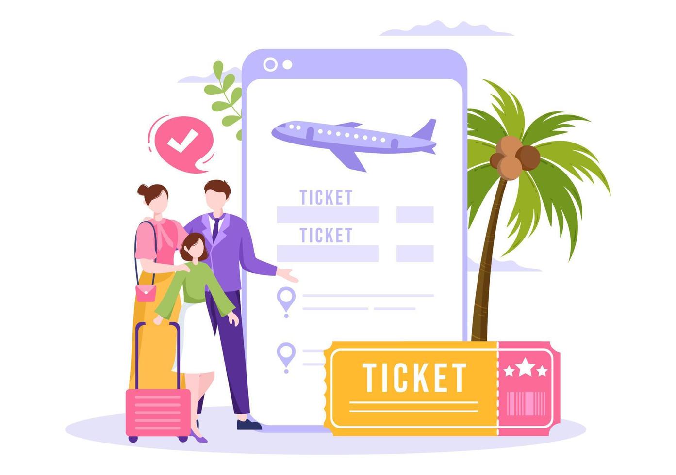 Ticket Travel Online Booking Service App on Smartphone Template Hand Drawn Cartoon Flat Illustration for Trip Planning vector