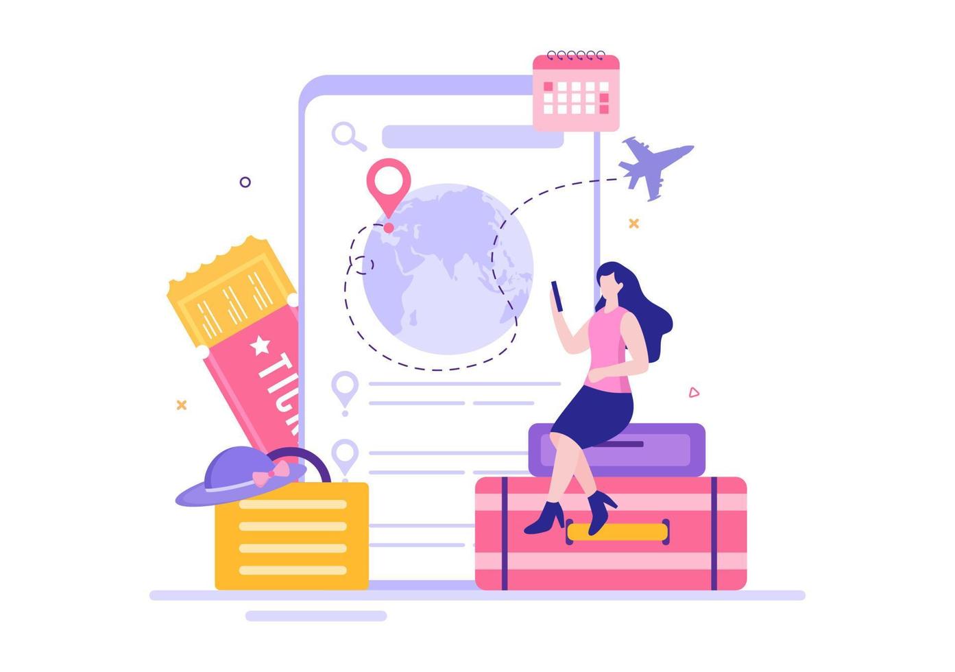 Ticket Travel Online Booking Service App on Smartphone Template Hand Drawn Cartoon Flat Illustration for Trip Planning vector