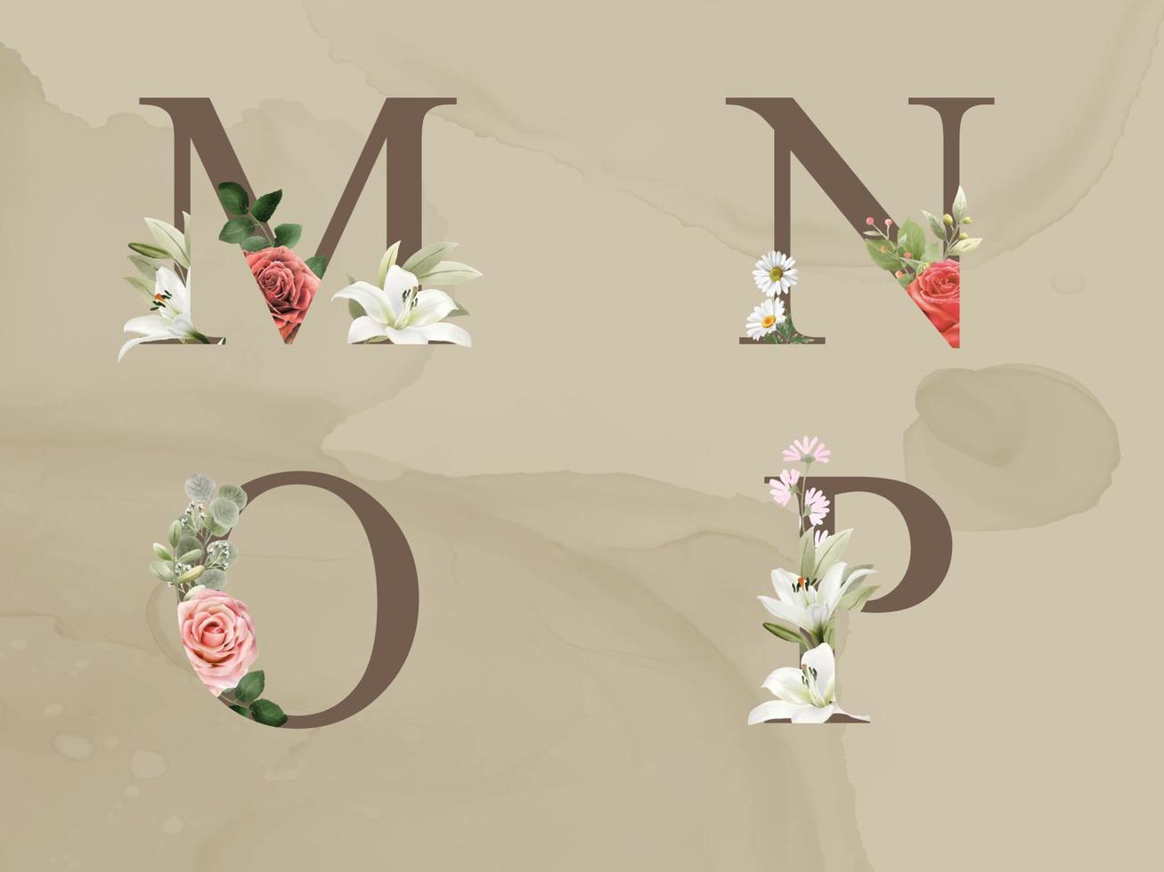 beautiful floral alphabet with red and white flowers and greenery leaves watercolor vector