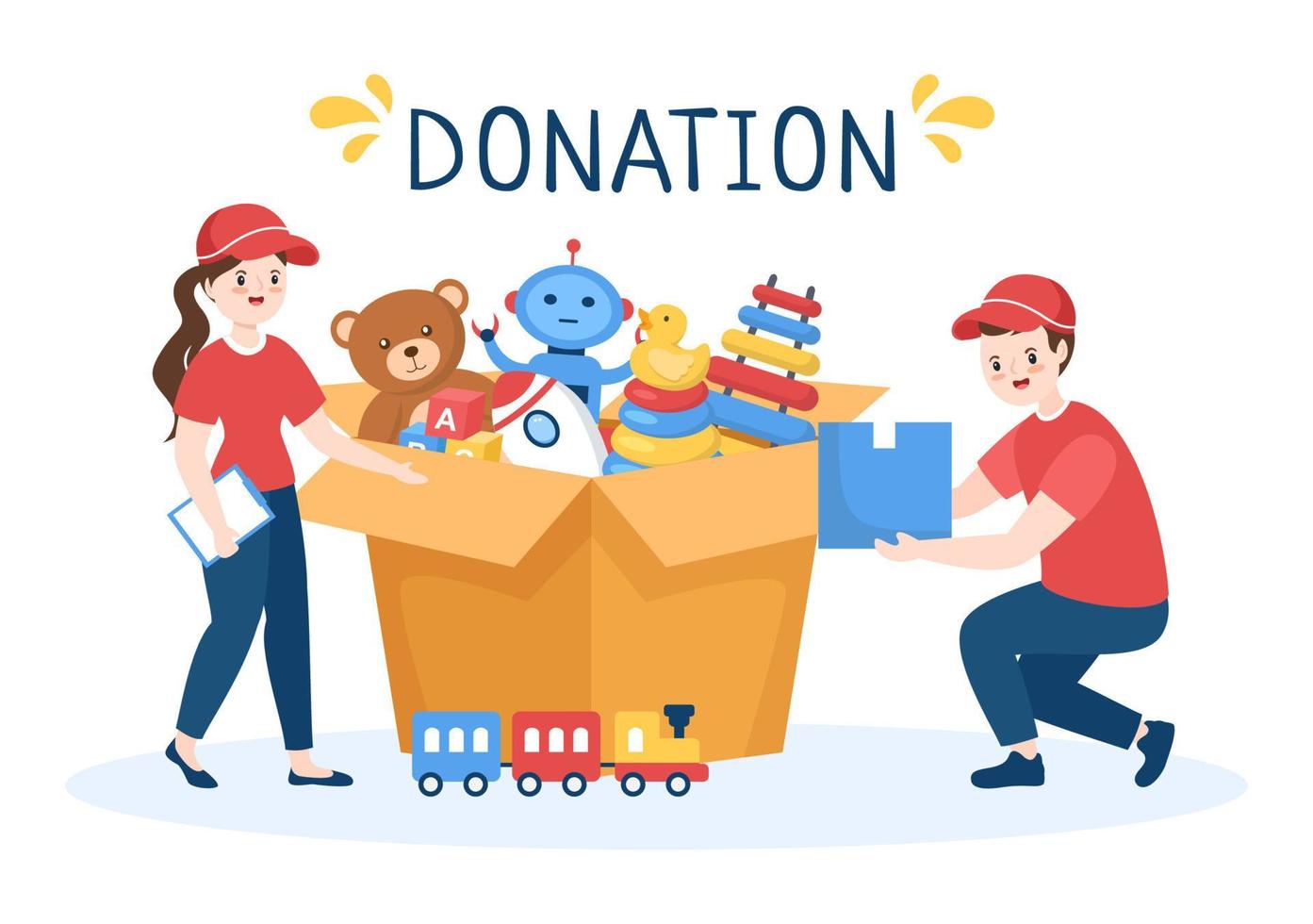 Cardboard Donation Box Containing Toys for Children, Social Care, Volunteering and Charity in Hand Drawn Cartoon Flat Illustration vector