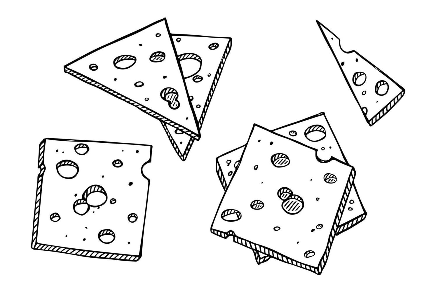 conjunto dibujado a mano de partes y rebanadas de queso. icono de queso. Imágenes Prediseñadas de vector de queso