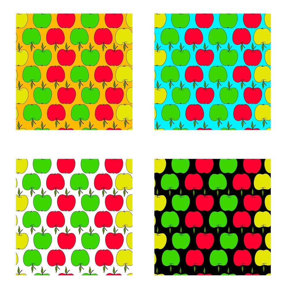 A set of seamless patterns with apples. Red, green, yellow apples. vector