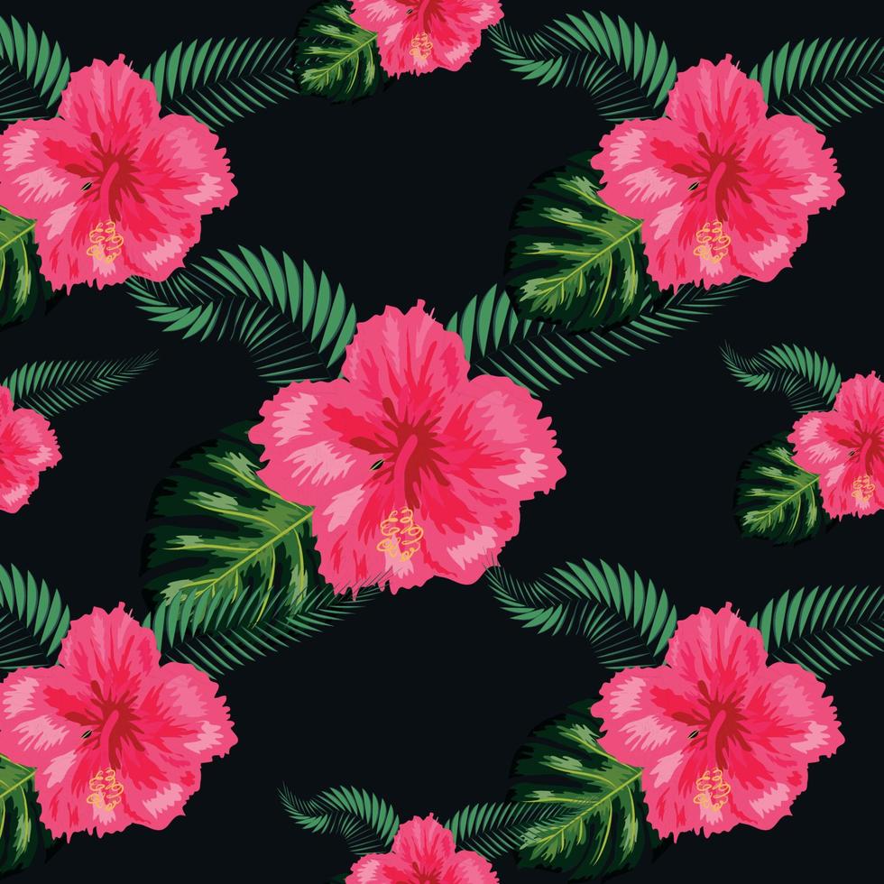 Seamless pattern with tropical leaves, hibiscus flowers vector