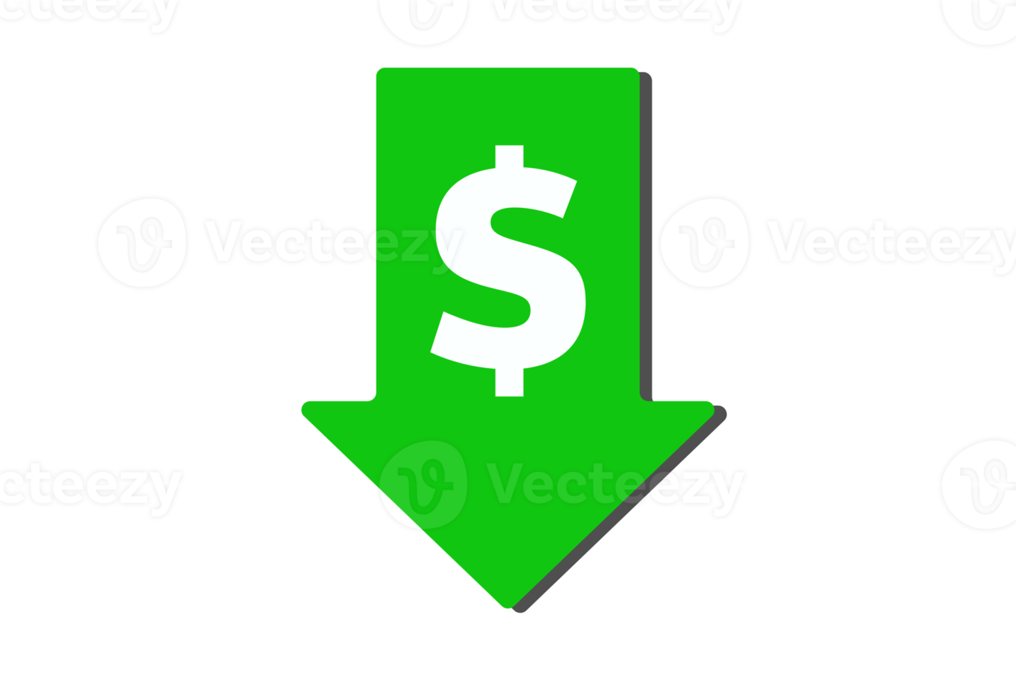 Gold Dollar rate decrease icon isolated on green background, Business lost crisis decrease, Long shadow style, Cost reduction, transparent background, Gold Money symbol with down arrow. png