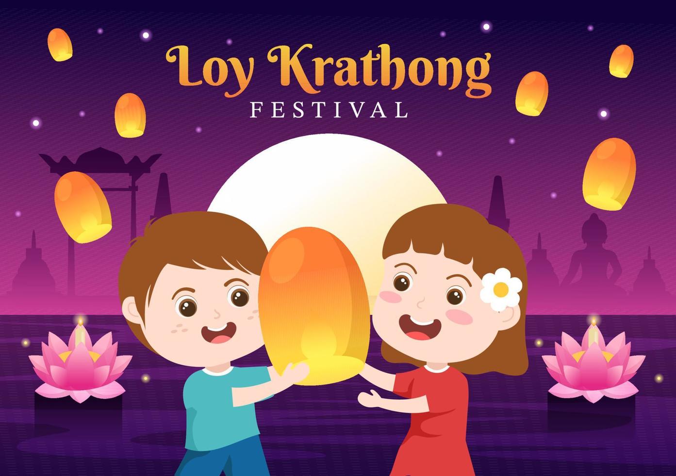 Loy Krathong Festival Celebration in Thailand Template Hand Drawn Cartoon Flat Illustration with Lanterns and Krathongs Floating on Water Design vector