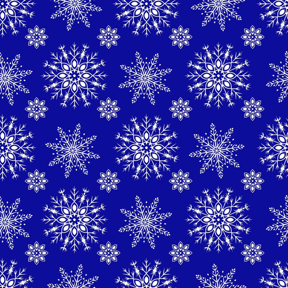 Vector pattern with snowflakes on a blue background. Seamless pattern for New Year and Christmas. Suitable for background and wrapping paper, fabric in winter version. Vintage decorative elements.