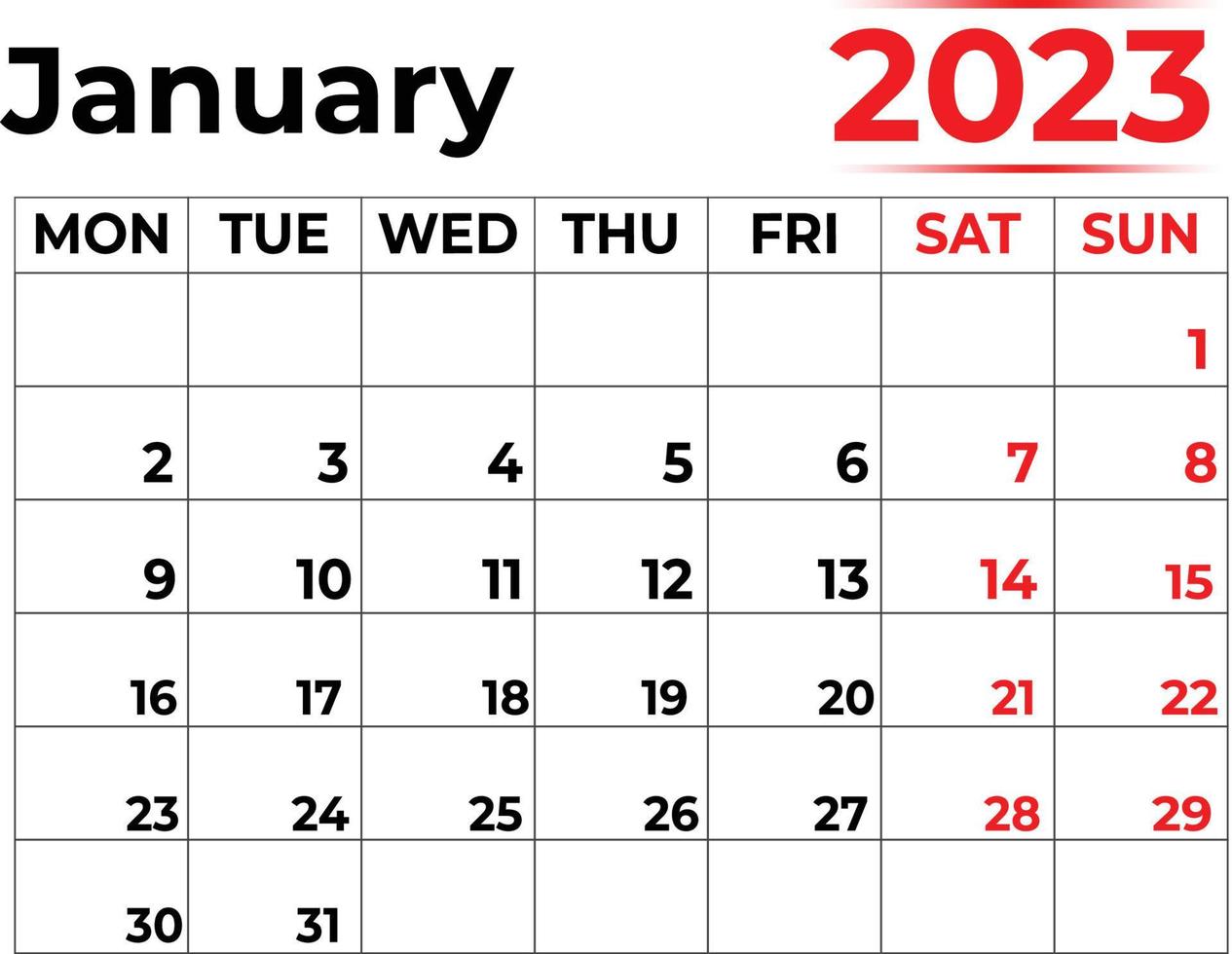 January 2023 Monthly Calendar With Very Clean Look Week Starts From