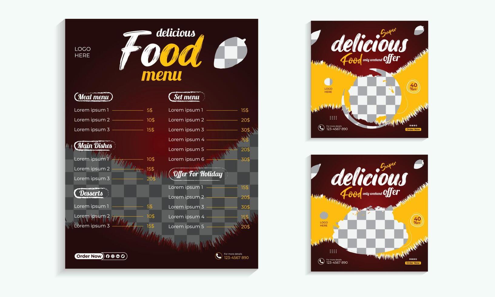 Food social media post and special food menu template vector