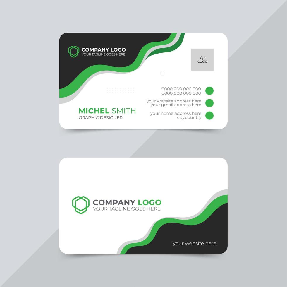 plantilla de diseño de tarjeta de visita horizontal redondeada en verde y negro. con anverso y reverso vector