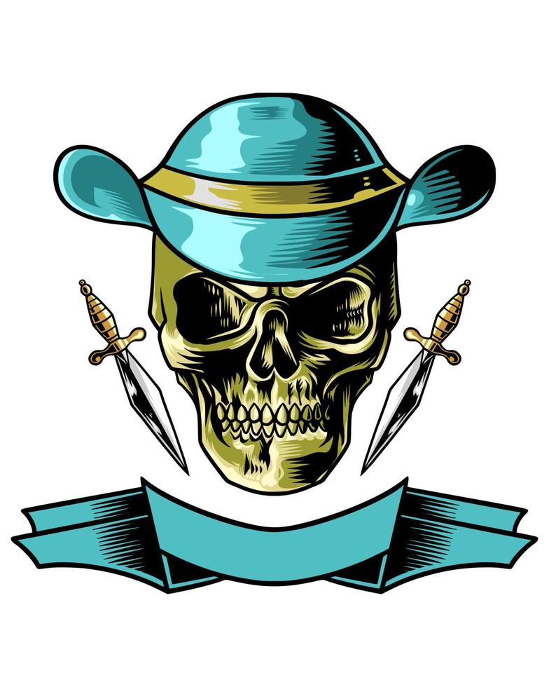 skull illustration logo with cowboy hat and knife beside vector